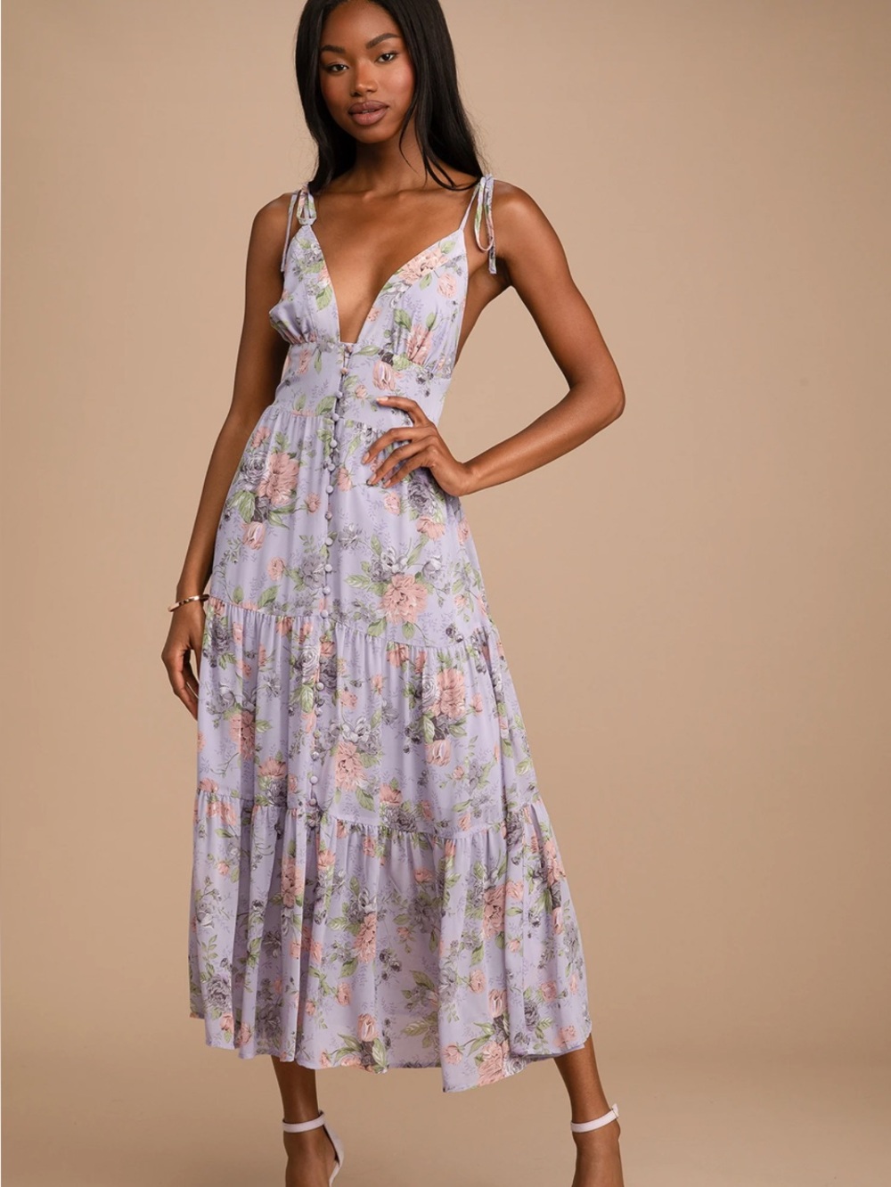 New Lulus Everlasting Sight Lavender Floral Tie-Shoulder Midi Dress Sz XS - Picture 8 of 9
